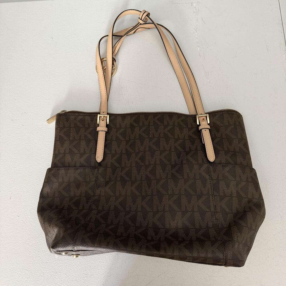 Michael Kors Tote Bag Womens Large Brown Logo PVC Leather Zip Shoulder Handbag